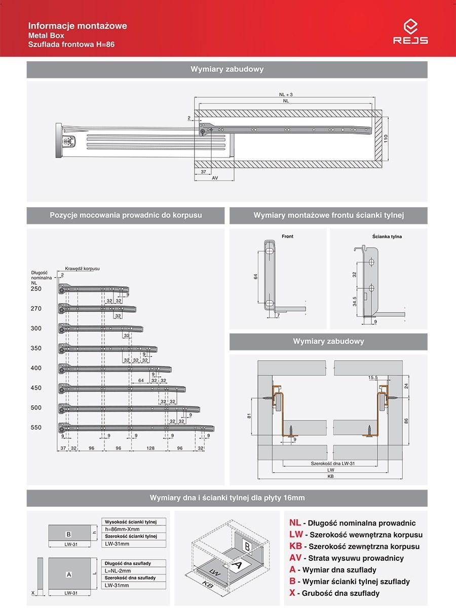 METALBOX metalowe boki do szuflady BIAŁE 350/86 Kod producenta 01166