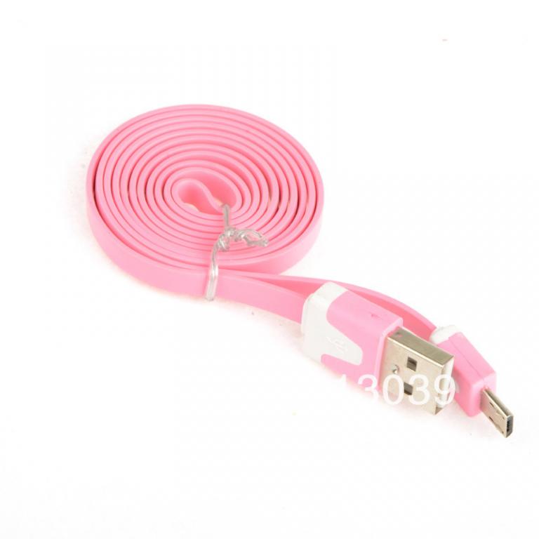 Плоский кабель Omega USB - Micro USB, 100 см, розовый