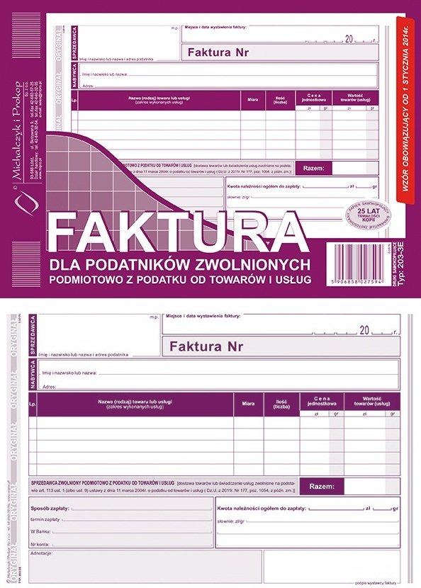 

Faktura A5 203-3E dla zwolnionych z Vat Nowy Wzór