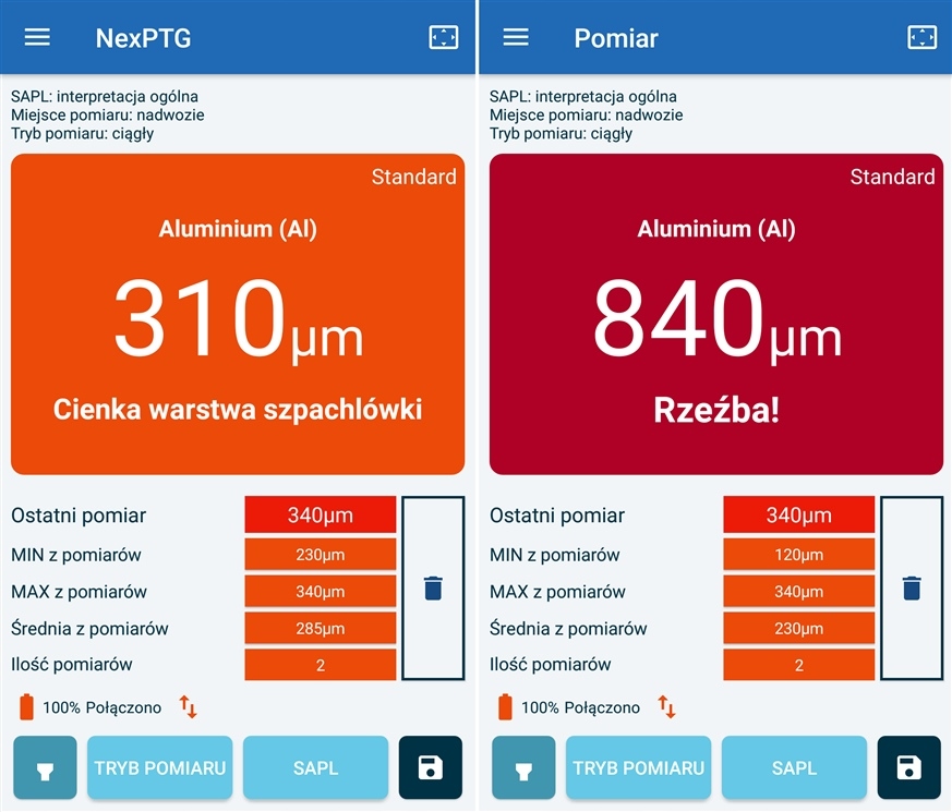 Miernik czujnik lakieru NexPTG стандартні показання BLUETOOTH пам'ять так