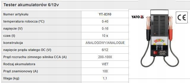 Analogowy tester akumulatorów 6/12V YATO YT-8310 YT-8310 za 113,10 zł z  Prudnik -  - (5024029226)