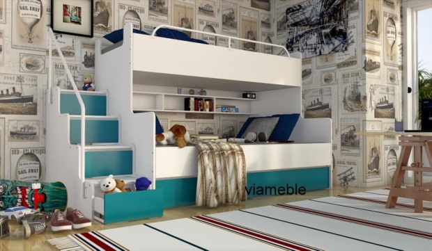 ŁÓŻKO PIĘTROWE DLA DZIECI 3 OSOBOWE JIM ZE SCHODAMI DLA DZIEWCZYNEK Szerokość mebla 243 cm