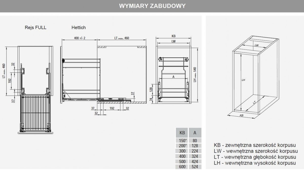 REJS cargo variant multi 500/2 srebro HETTICH Głębokość mebla 46 cm