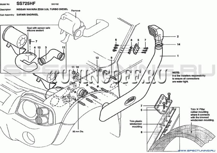 Шноркель Telawei SND21A для Nissan Terrano 1 (дизель) и Navara D21 1992-2006