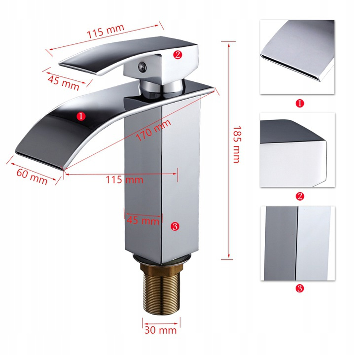 BATERIA UMYWALKOWA STOJĄCA KWADRATOWA WODOSPAD KASKADA NABLATOWA CHROM Typ montażu stojąca