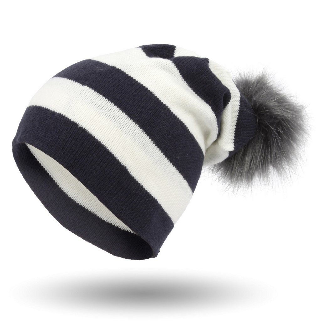 

W333A Beanie Damska Czapka Z Dzianiny Pompon Paski