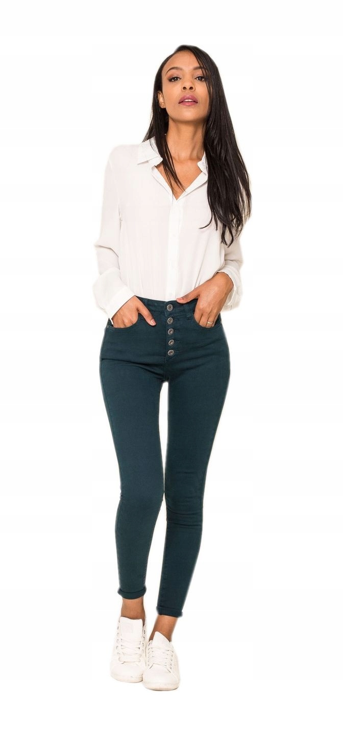 

W526 ZIelOne Jeansy Rurki Wysoki Stan Guziki 36 S