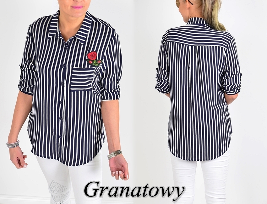 648 KOBIECA KOSZULA PASKI PASY NASZYWKA KWIAT Rękaw długi rękaw