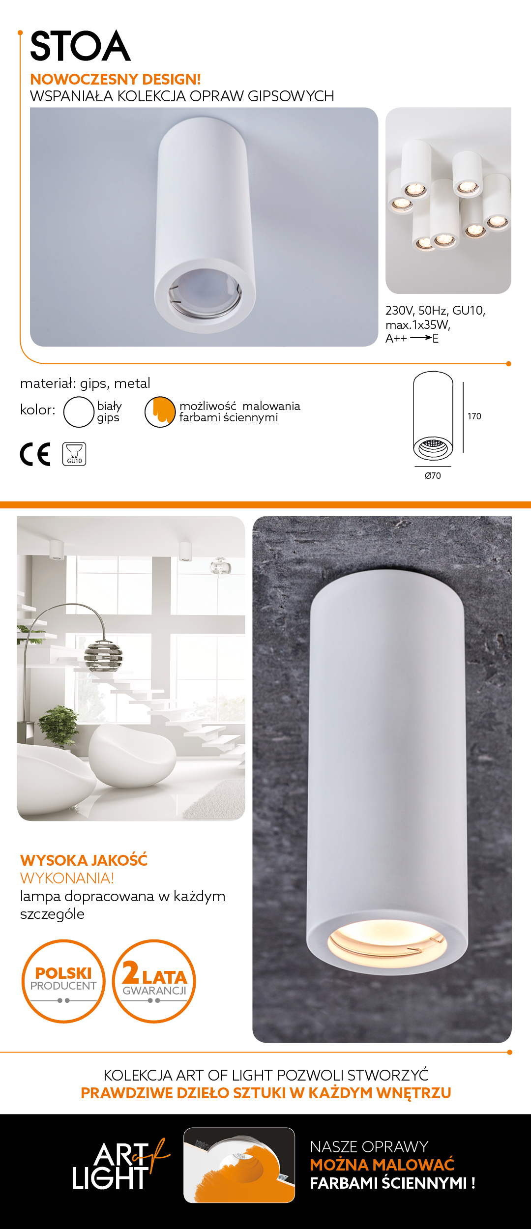 LAMPA Oprawa Sufit SPOT Natynk TUBA Do Malowania! Zasilanie sieciowe