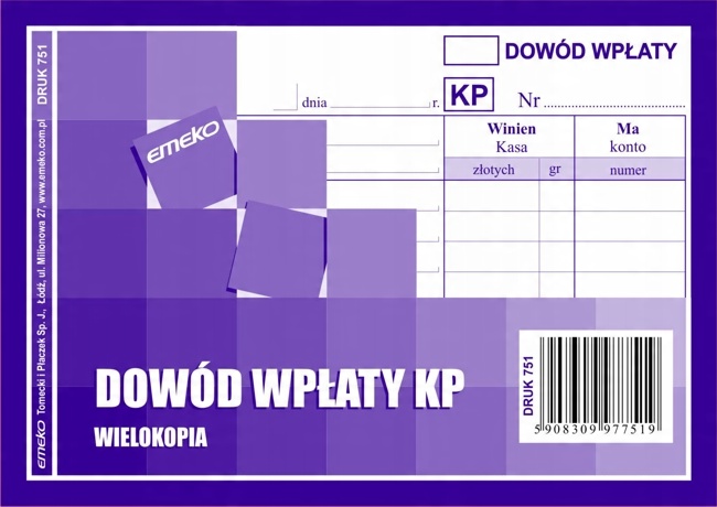 

Kp Dowód wpłaty Druk niebieski Emeko A6 751 Łódź