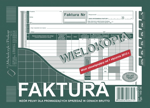 

140-3E Faktura Wzór Pełny Sprzedaż Brutto A5 80K
