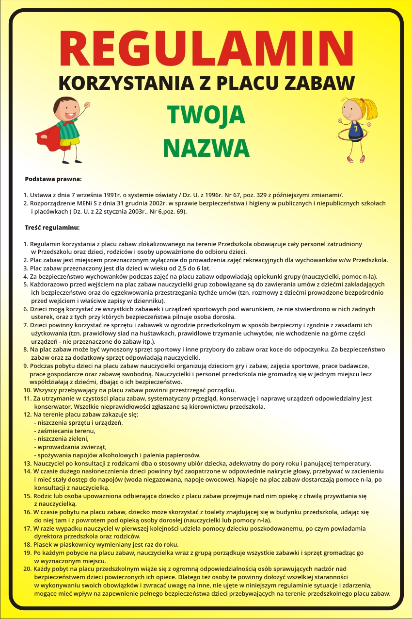 

Tablica Informacyjna Regulamin Placu Zabaw 45X30