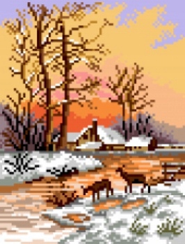 Sada pro křížkové vyšívání kanva+mulina+jehly (5740) lesní krajina 18x24 cm
