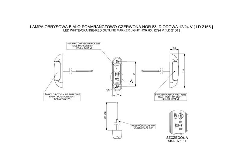 Lampa obrysowa LED obrysówka trójkolorowa boczna Numer katalogowy części LD 2166