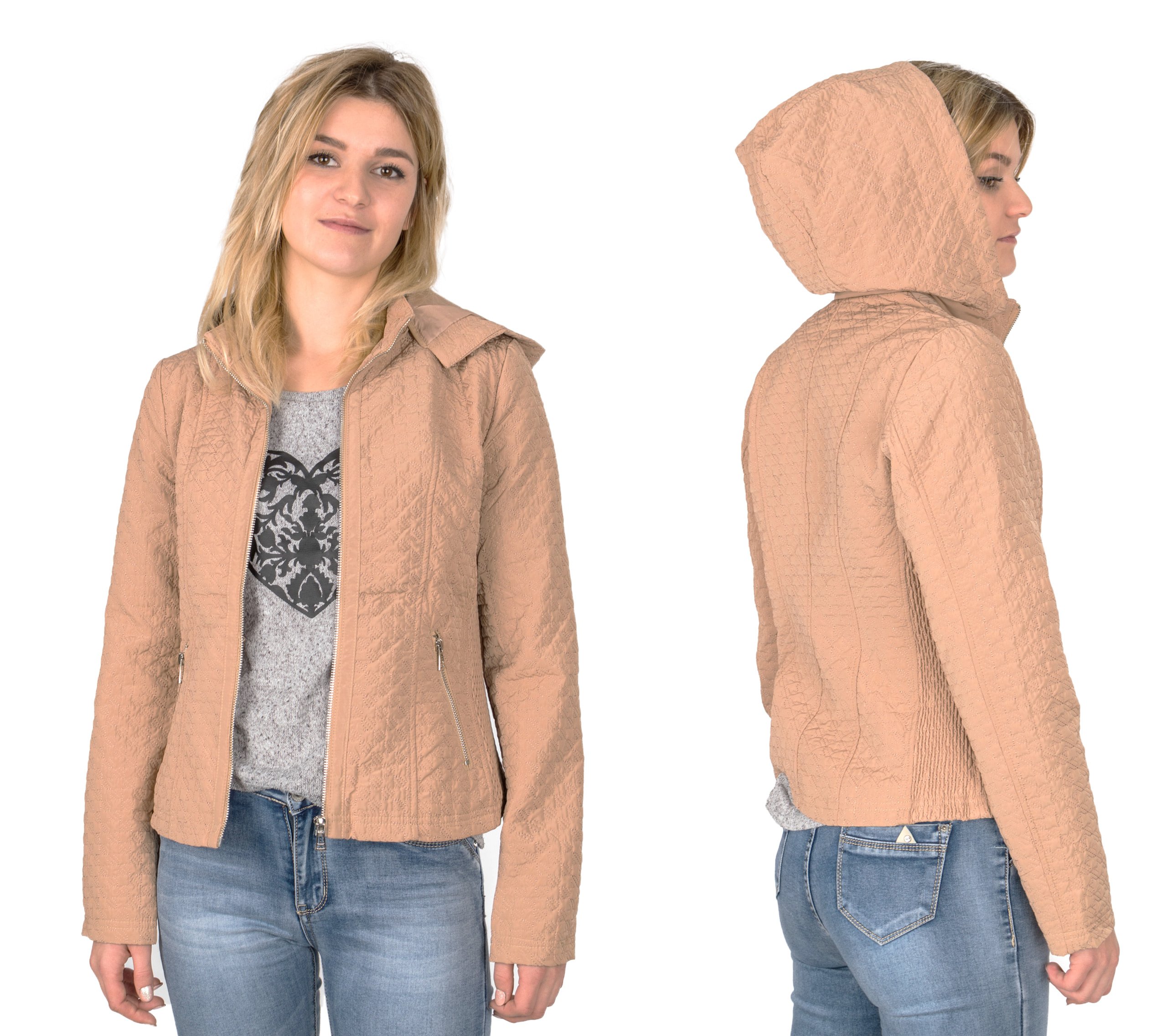 

Pikowana Kurtka Damska z Kapturem 40137 r M camel