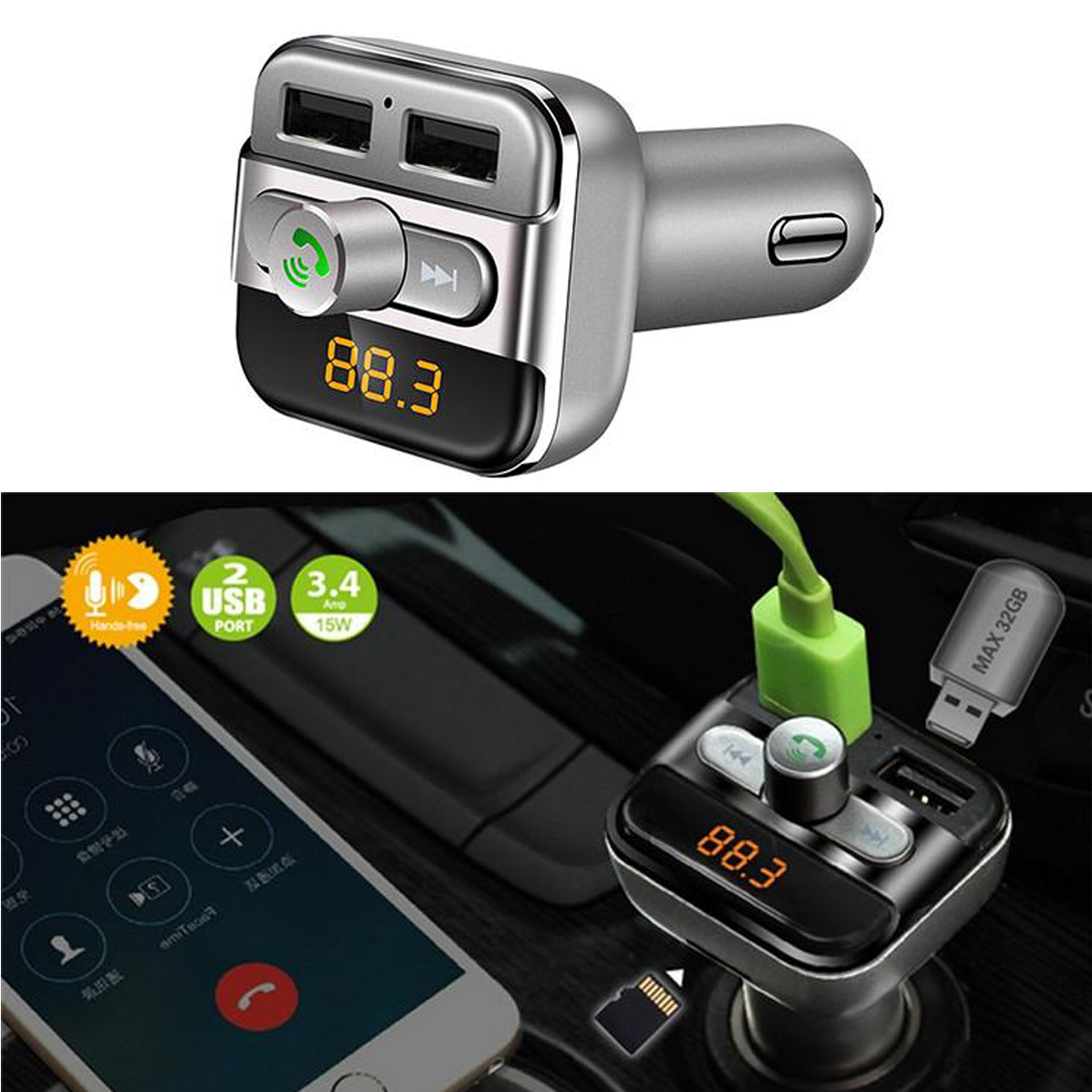 TRANSMITER FM ZESTAW GŁOŚNOMÓWIĄCY BLUETOOTH 2XUSB Marka MBG line