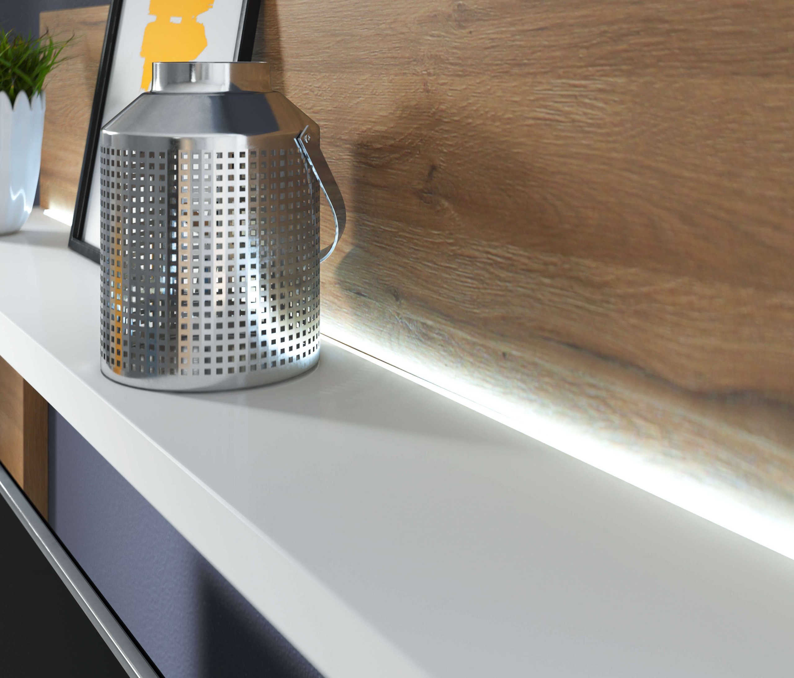 Meblościanka BOTA / dąb grandson + biały / LED Wykończenie matowe