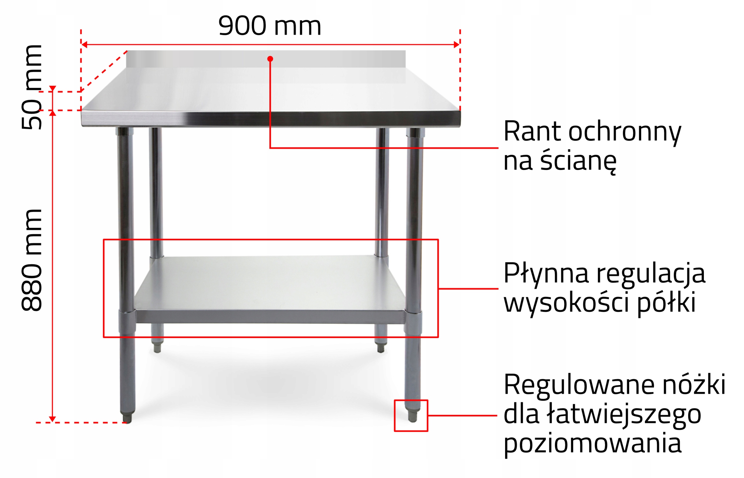 STÓŁ ROBOCZY 90cm BLAT ZE STALI KWASOODPORNEJ RANT Szerokość produktu 90 cm