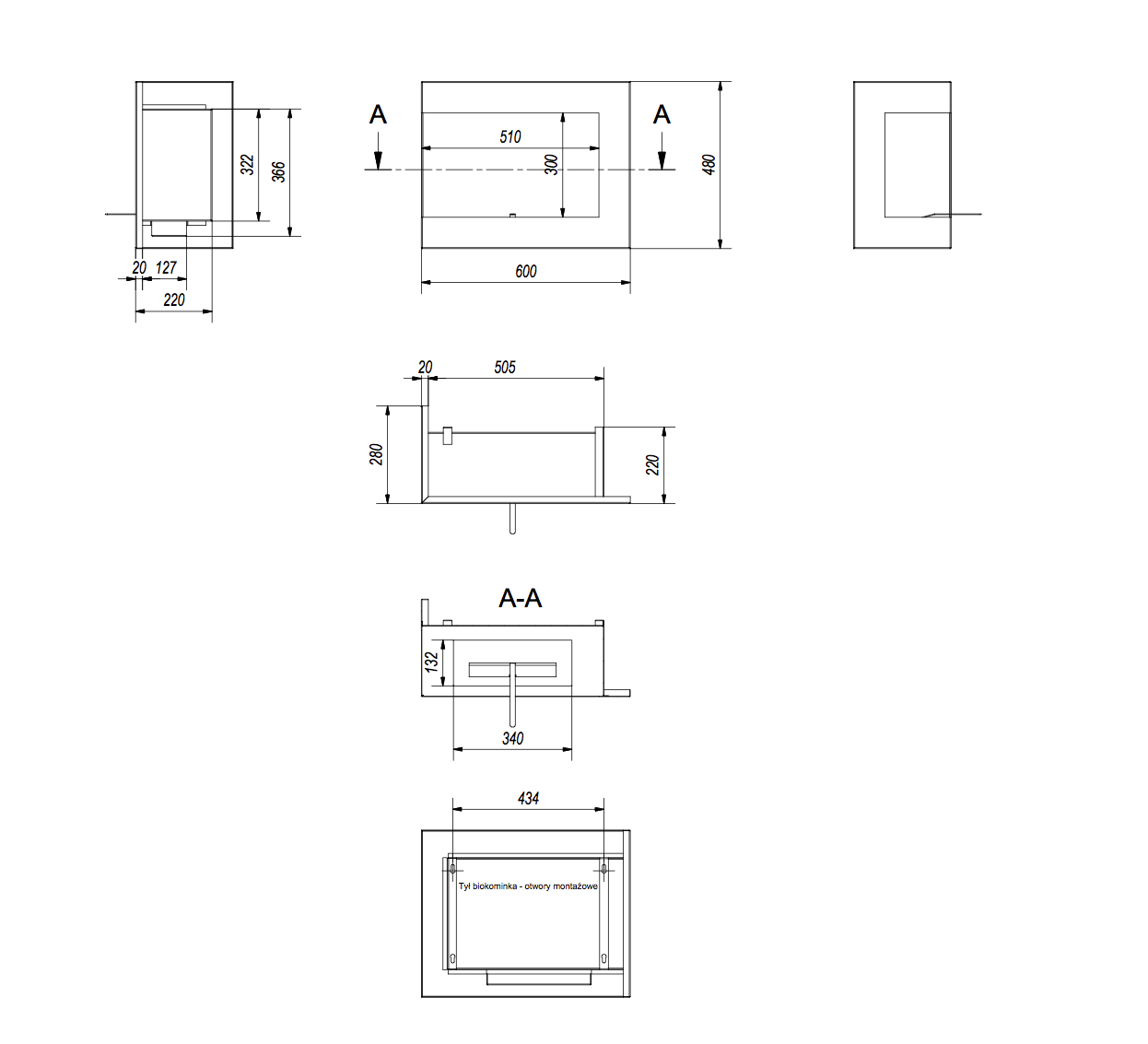 BIOKOMINEK wiszący bezdymny narożny DELTA lewa 600 czarny do zabudowy Marka Kratki