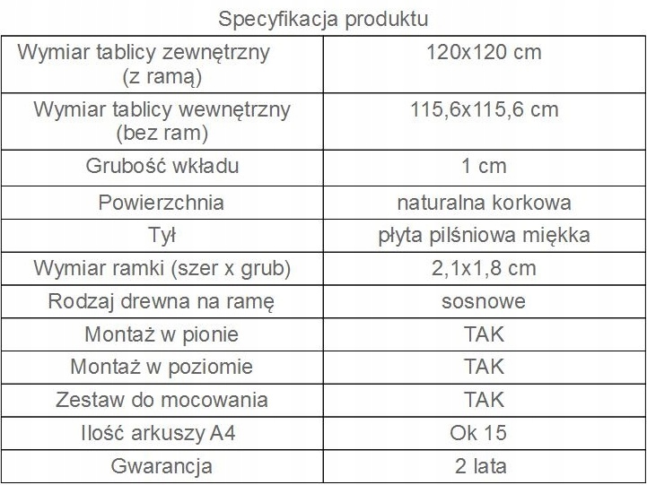 Tablica korkowa 120x120 cm.120x120, super jakość ! Waga produktu z opakowaniem jednostkowym 15 kg