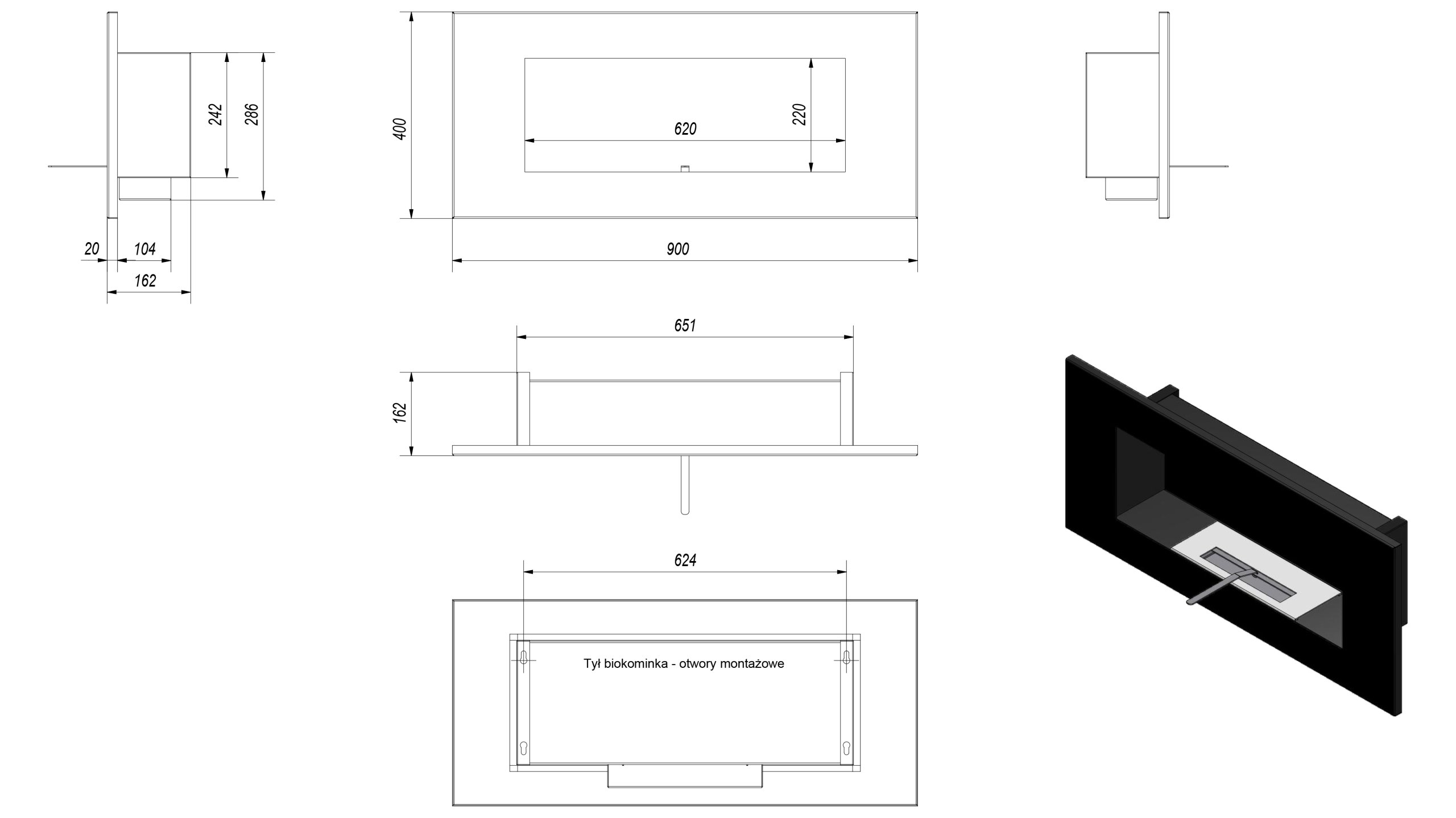 Biokominek bezdymny DELTA 2 QUBE + SZYBA + Kamyki Szerokość 90 cm