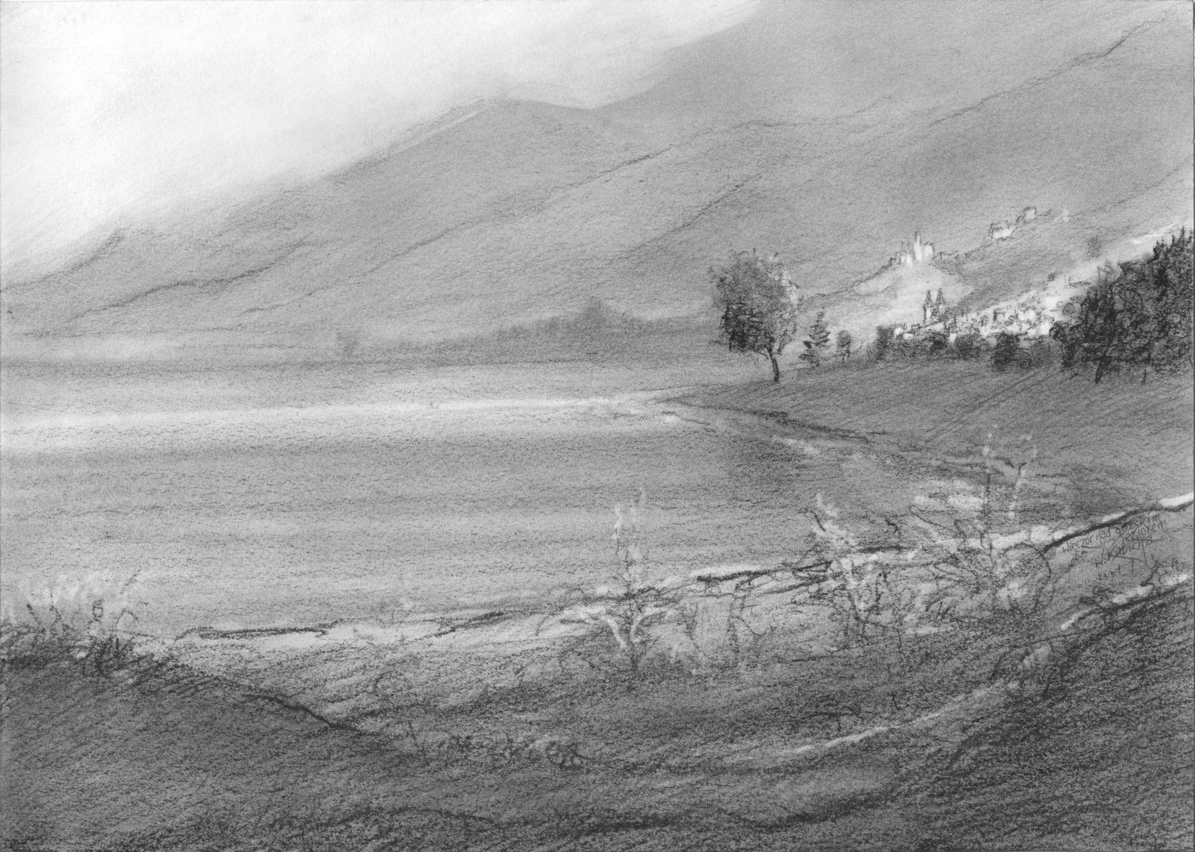 Rysunek Ołówkiem Pejzaż Jezioro Odbicie Góry