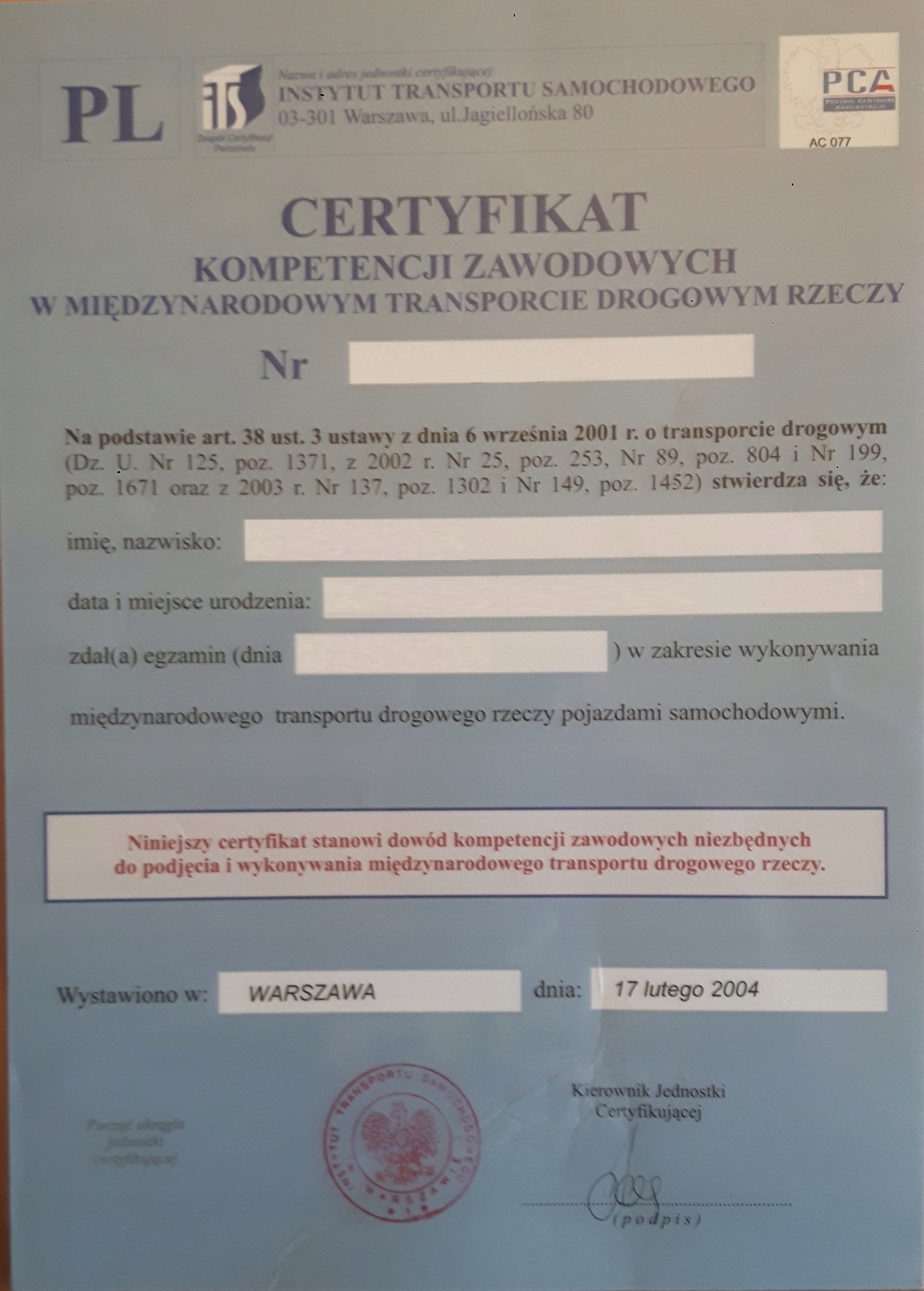 Certyfikat Kompetencji Zawodowych - Przewóz Rzeczy - 7542817951 ...