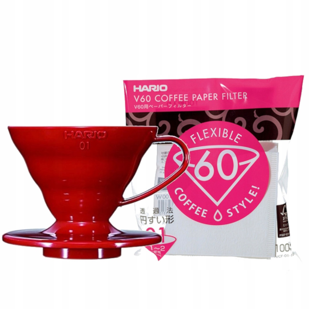 Hario Drip Plastikowy Czerwony V60-01 Filtry Papierowe Białe 100szt