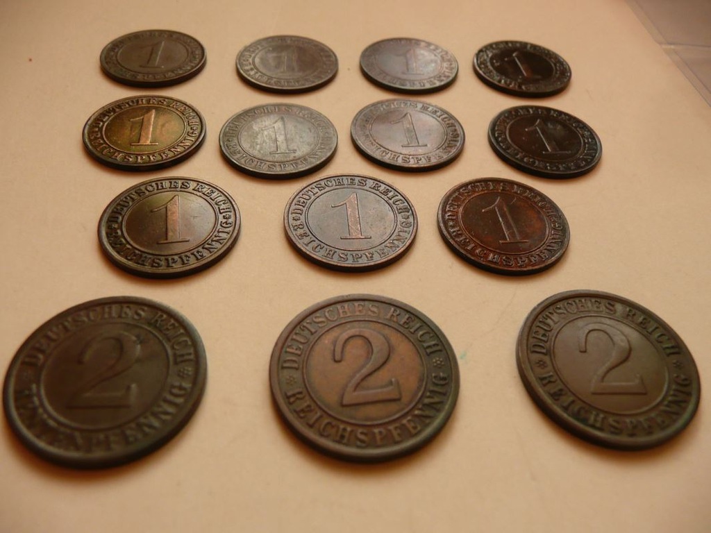 Monety niemieckie 1924 - 1936, 11 x 1 pf, 3 x 2 pf