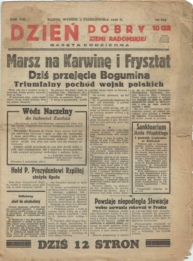 Dzień Dobry Ziemi Radomskiej ZAJĘCIE ZAOLZIA 1938