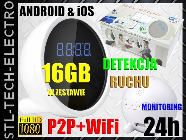 UKRYTA KAMERA ZEGAR WiFi P2P FHD Android iOS +16GB