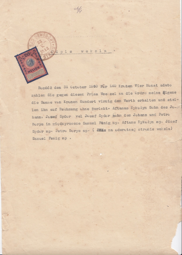 1913 Odpis weksla Stryj Rozdół revenue pieczęć sąd