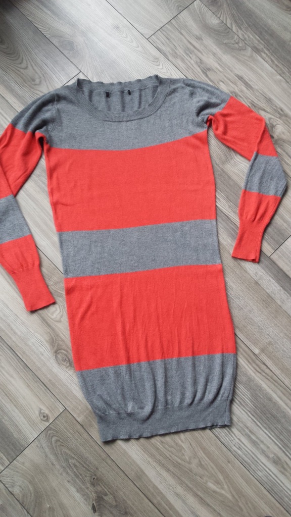 sweter tunika JESIEŃ pasy szary 36 38 S M sukienka