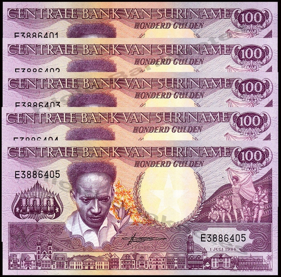 SURINAME 100 GULDEN 1986 P-133 UNC 5 Banknotów