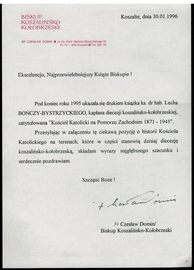 Biskup Czesław Domin List autograf Koszalin