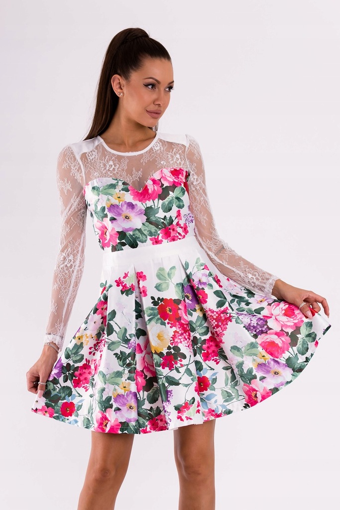 Sukienka rozkloszowana w kwiaty - biała L