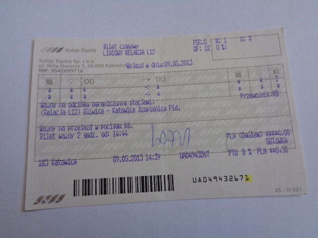 BILET PKP GLIWICE KATOWICE 10 30