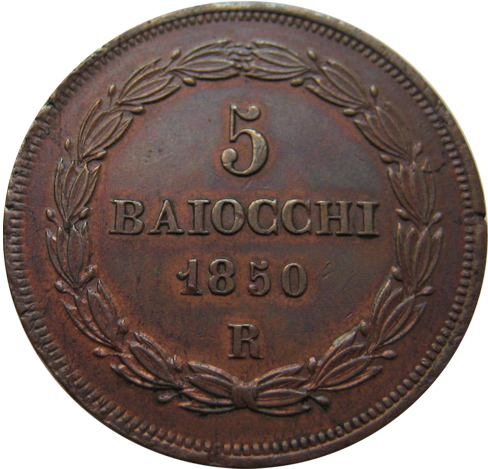 WATYKAN - 5 BAIOCCHI - 1850 rok .