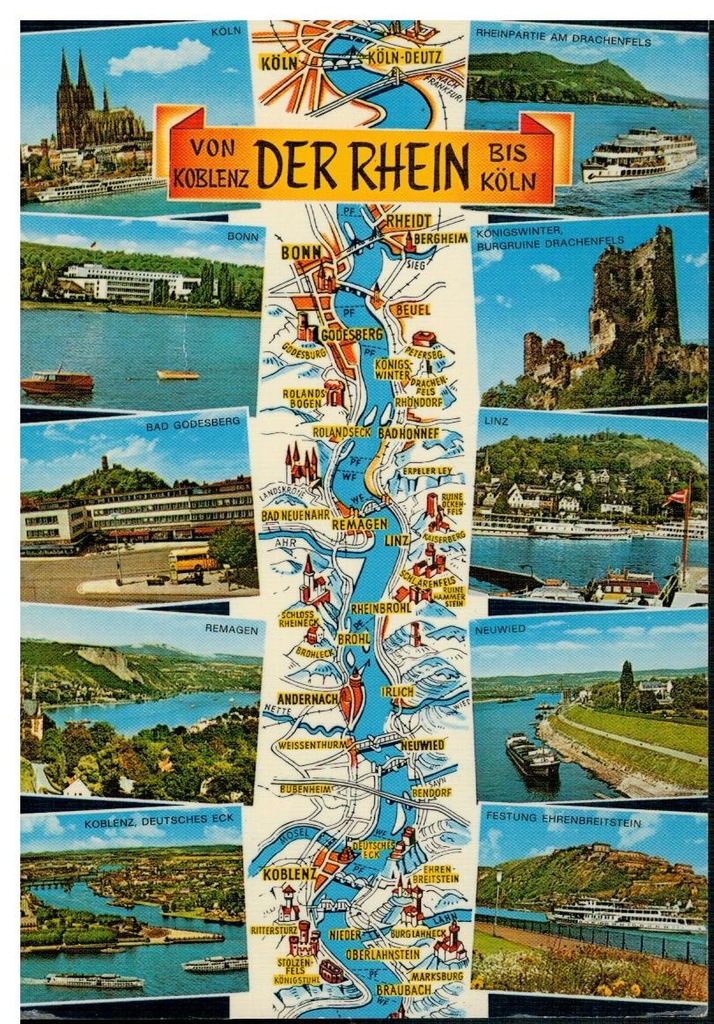 Pocztówka Niemcy Dolina Renu Ren mapa obieg 1987
