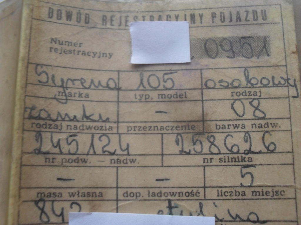 Dokument kolekcjonerski SYRENA 105 Z 1974 roku