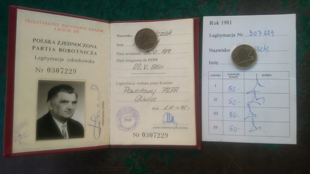 Legitymacja PZPR 1975r Gliwice wkł 81r.PRL.Komuna