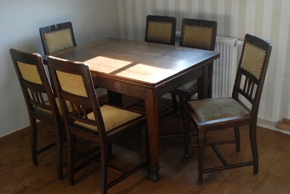 KOMPLET stół rozkładany + 6 krzeseł - SECESJA dąb
