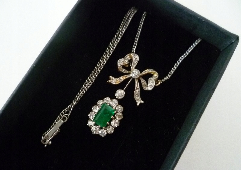 Naszyjnik antyk - diamenty 0,85ct + szmaragd 585.