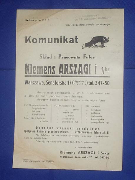 KOMUNIKAT Arszagi Skład i Pracownia Futer WARSZAWA