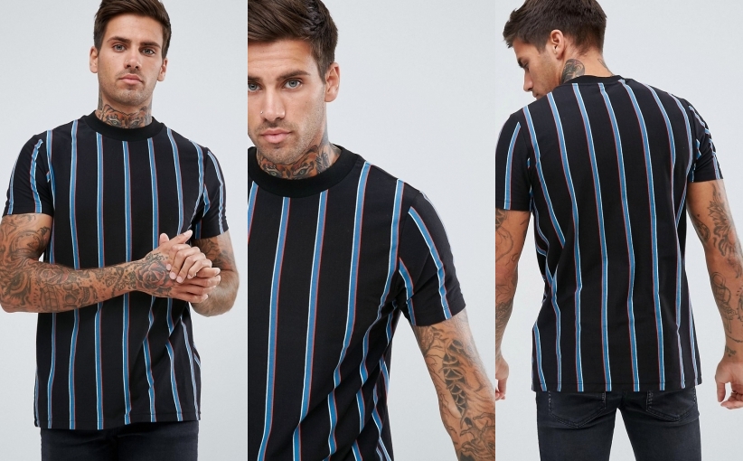 16807 D8 T-SHIRT S MĘSKI PASKI PIONOWE Czarny