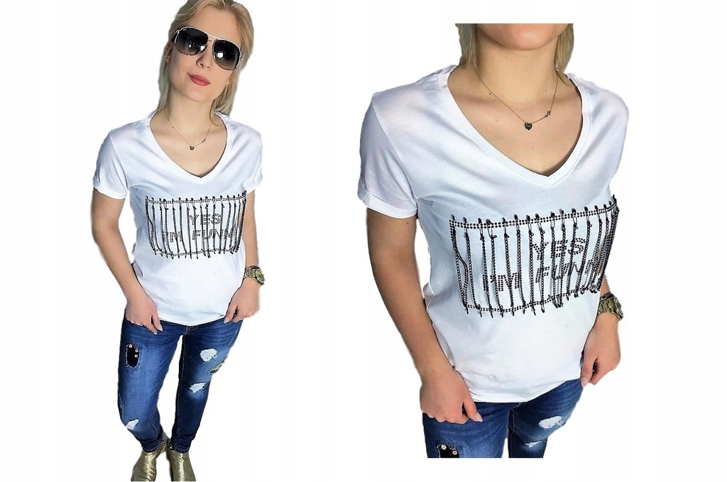 Koszulka T-shirt Biała z agrafkami i łańcuszkami L