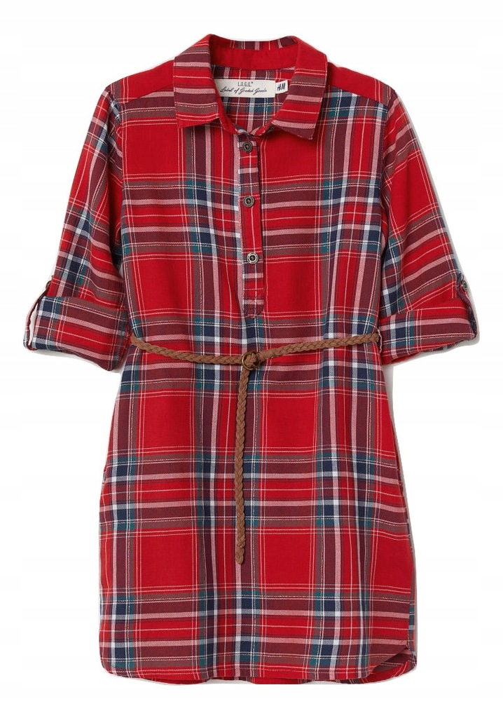 H&M koszula tunika pasek czerwona kratka 122