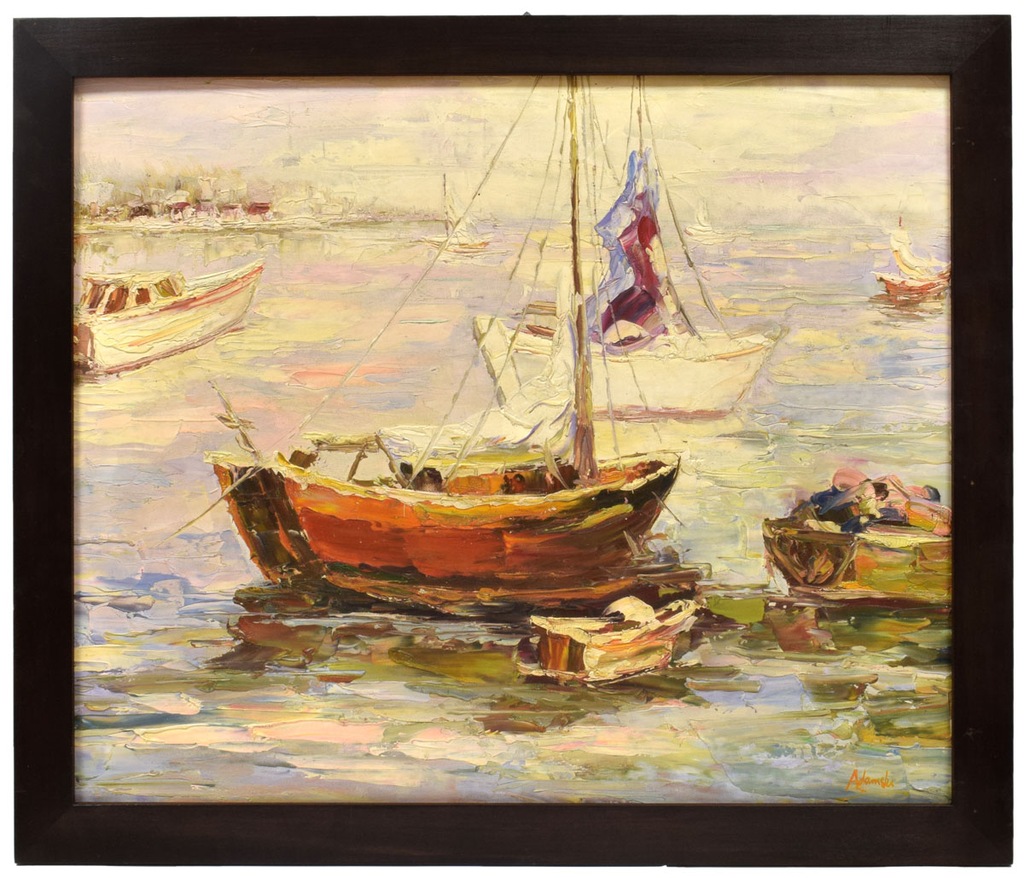Adamski ''Łodzie''obraz olejny pejzaż 66,5x56,5 cm