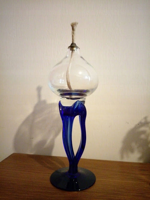 lampa OLIWNA naftowa artystyczne niebieskie szkło