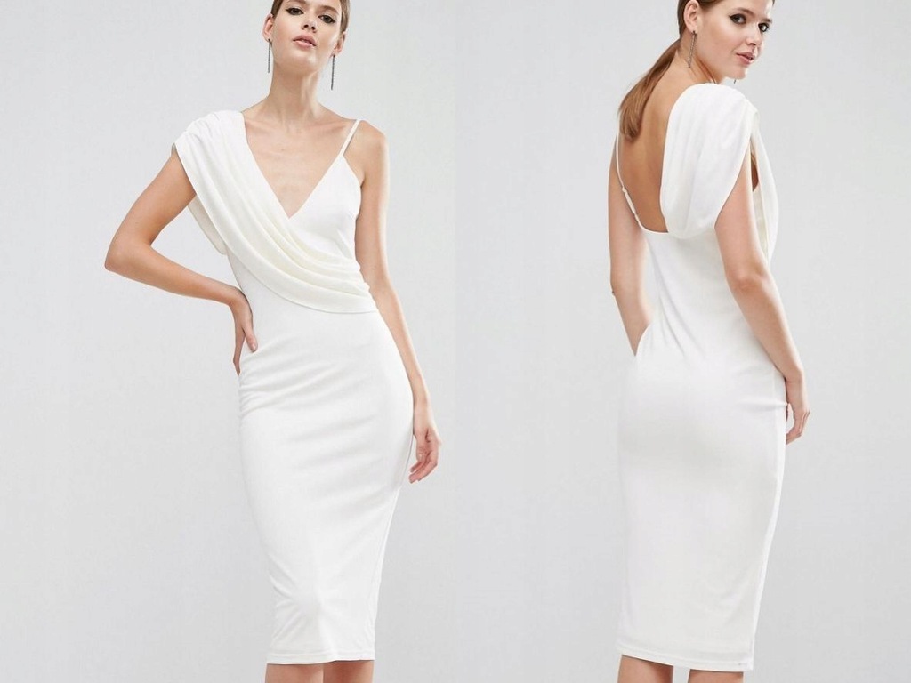Biała suknia na jedno ramię midi S/36